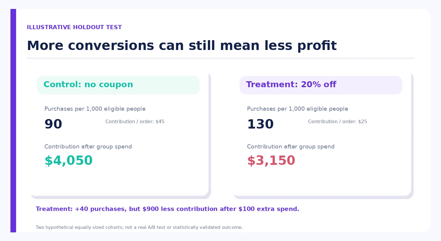 Hypothetical control and discount groups with purchases and contribution