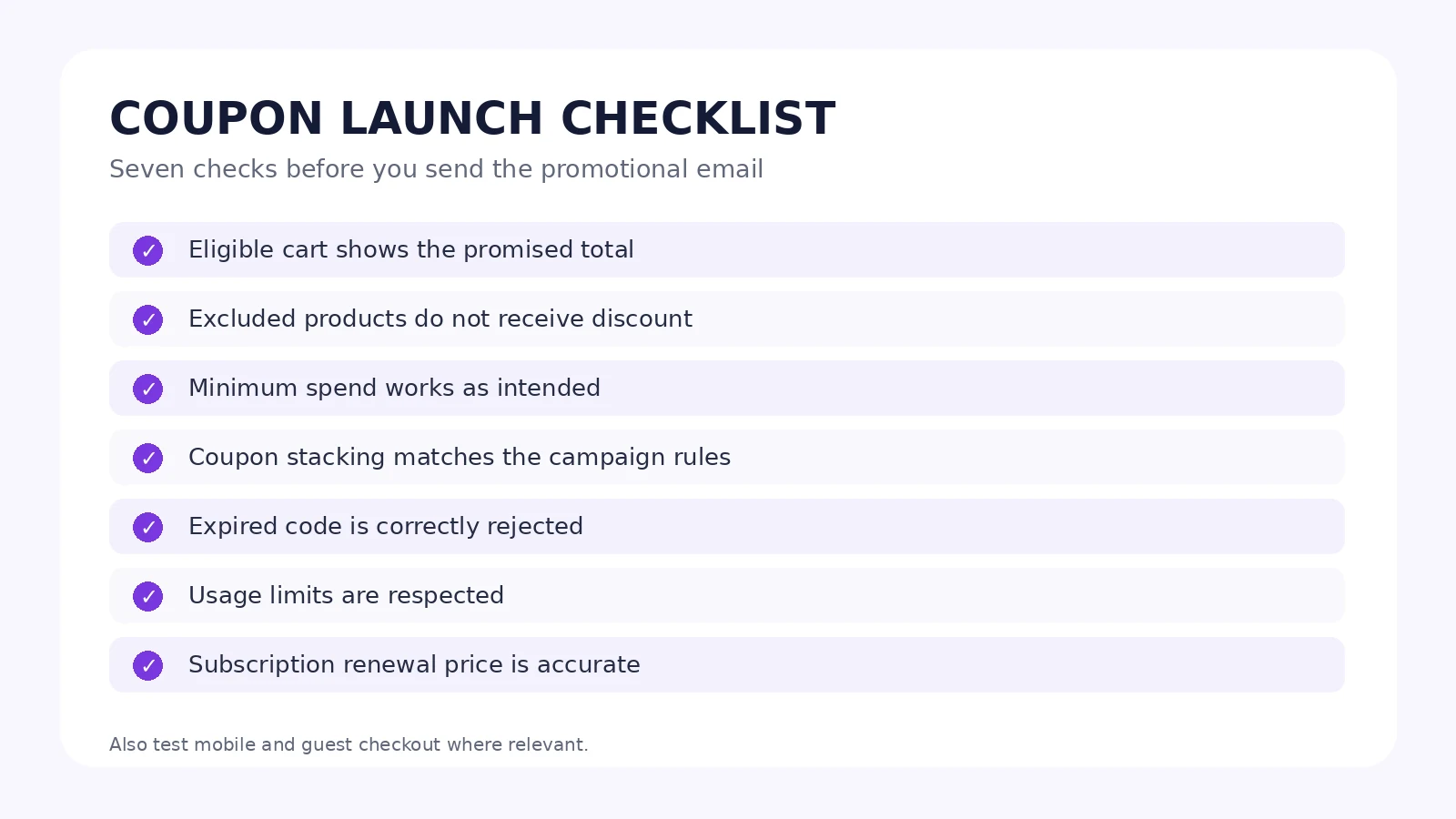 Seven checks for testing a WordPress coupon before a promotion